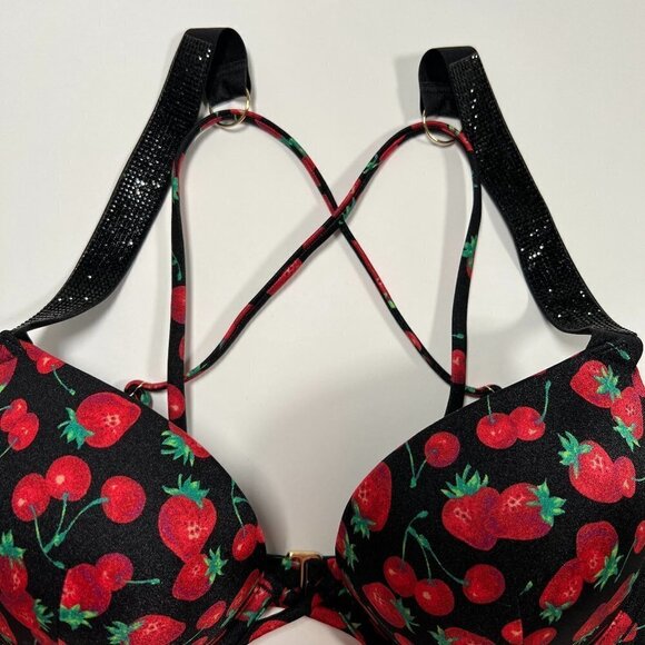 Victoria Secret 34A S Bombshell Push Up Top Bikini Set Shine Strap Cherry Print - Picture 5 of 6